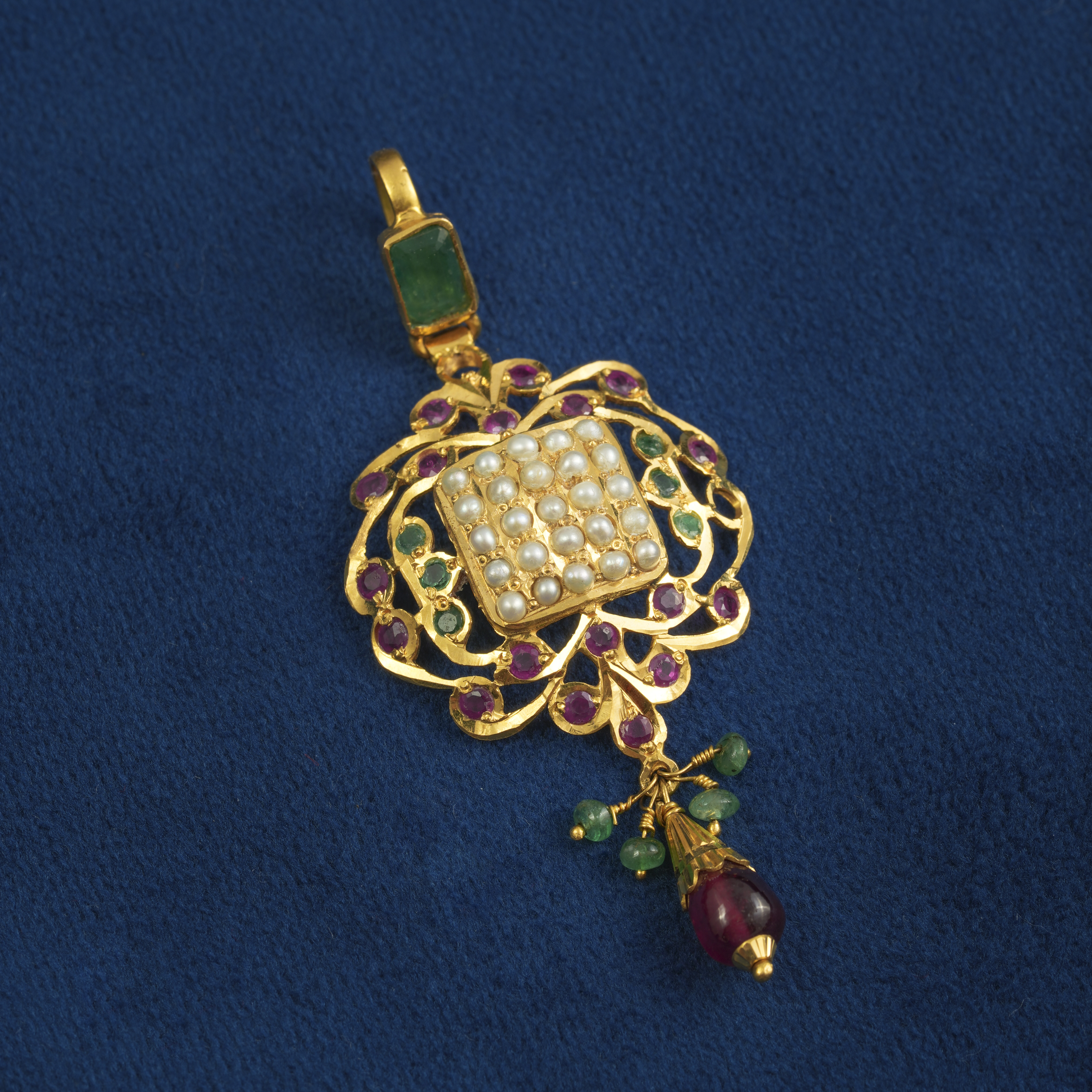 22K GOLD PENDANT WITH PEARLS, RUBIES & EMERALD ACCENT