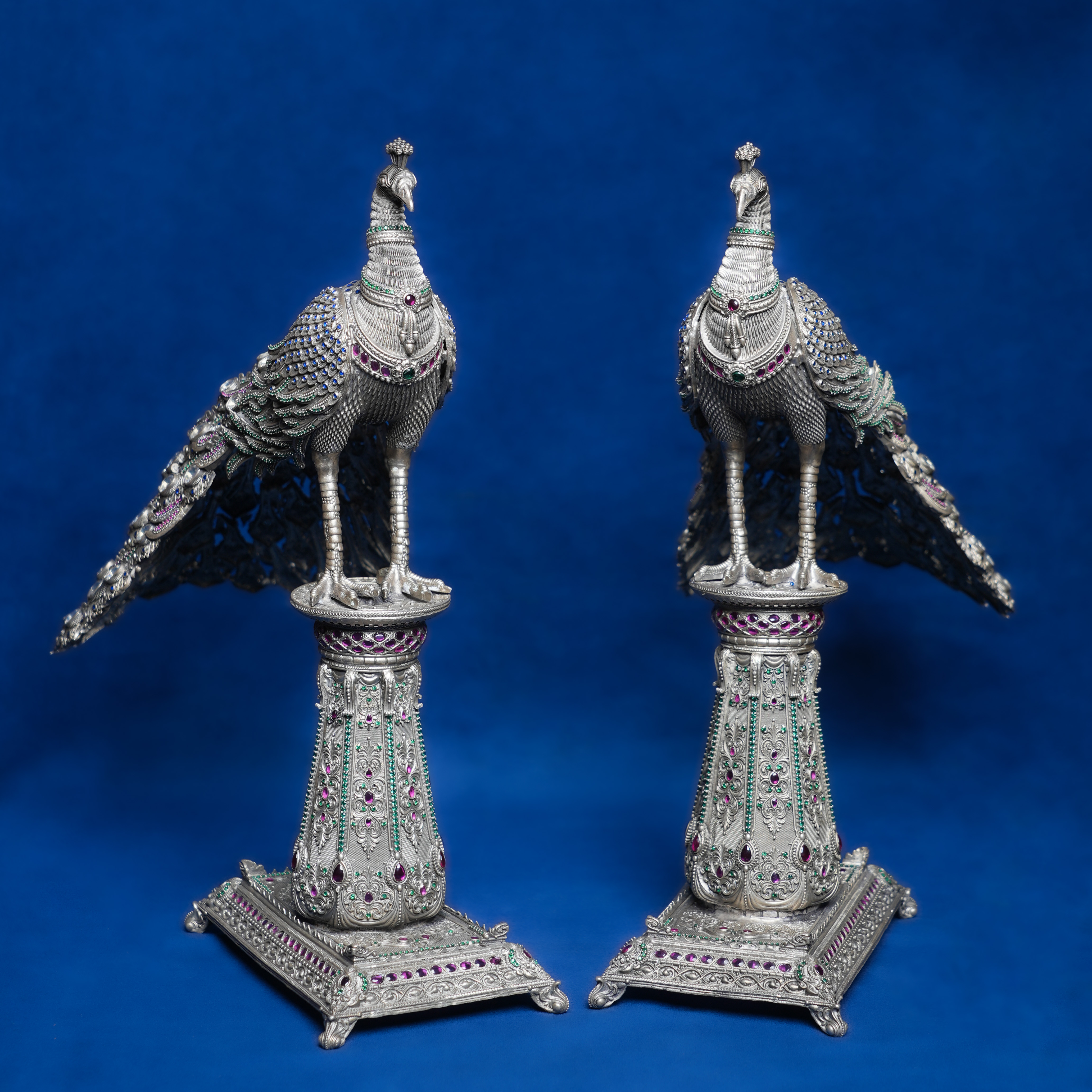 ANTIQUE SILVER PEACOCK PAIR WITH INTRICATE FILIGREE & STONE WORK