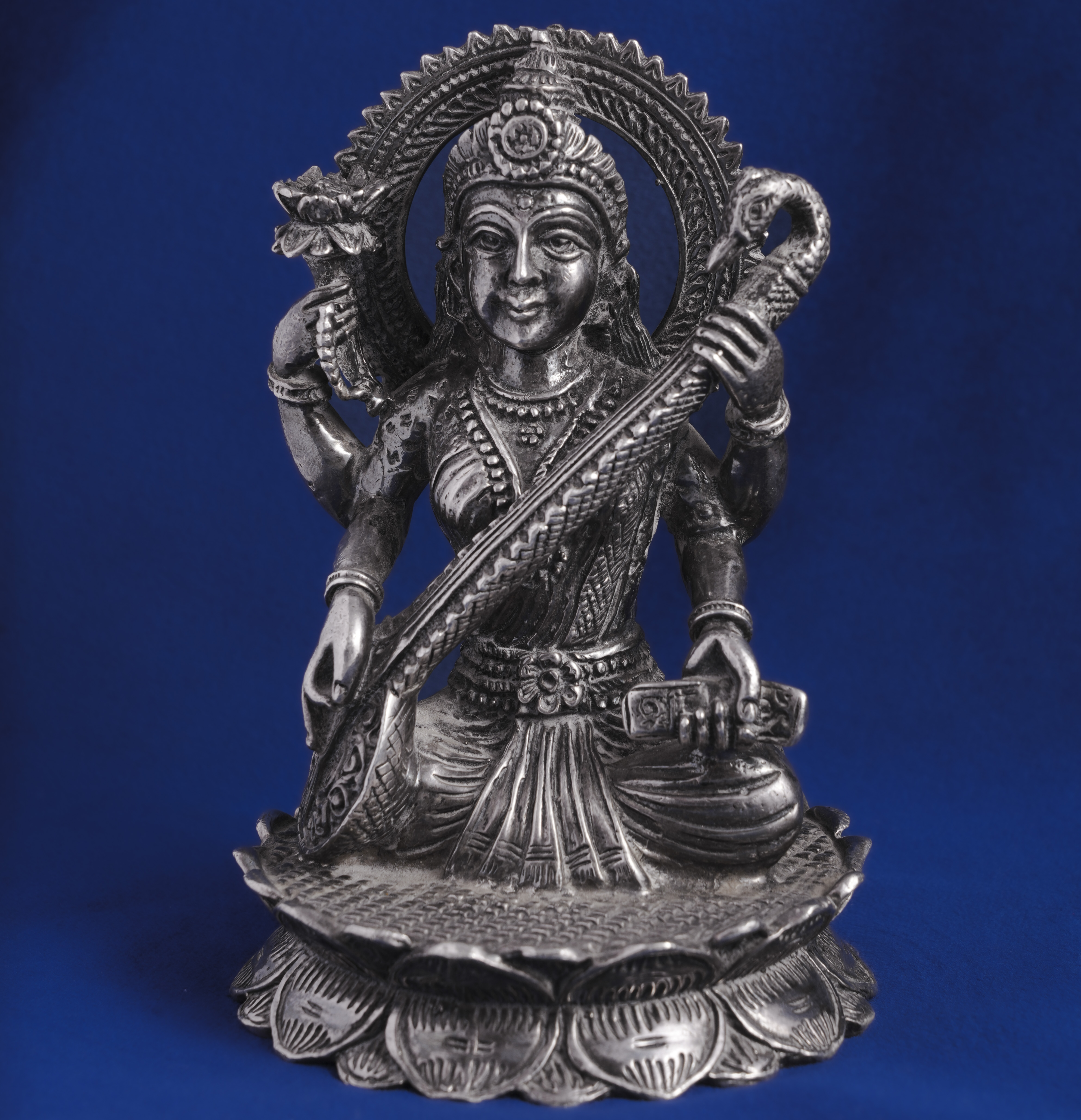 OXIDIZED METAL GODDESS SARASWATI IDOL WITH VEENA