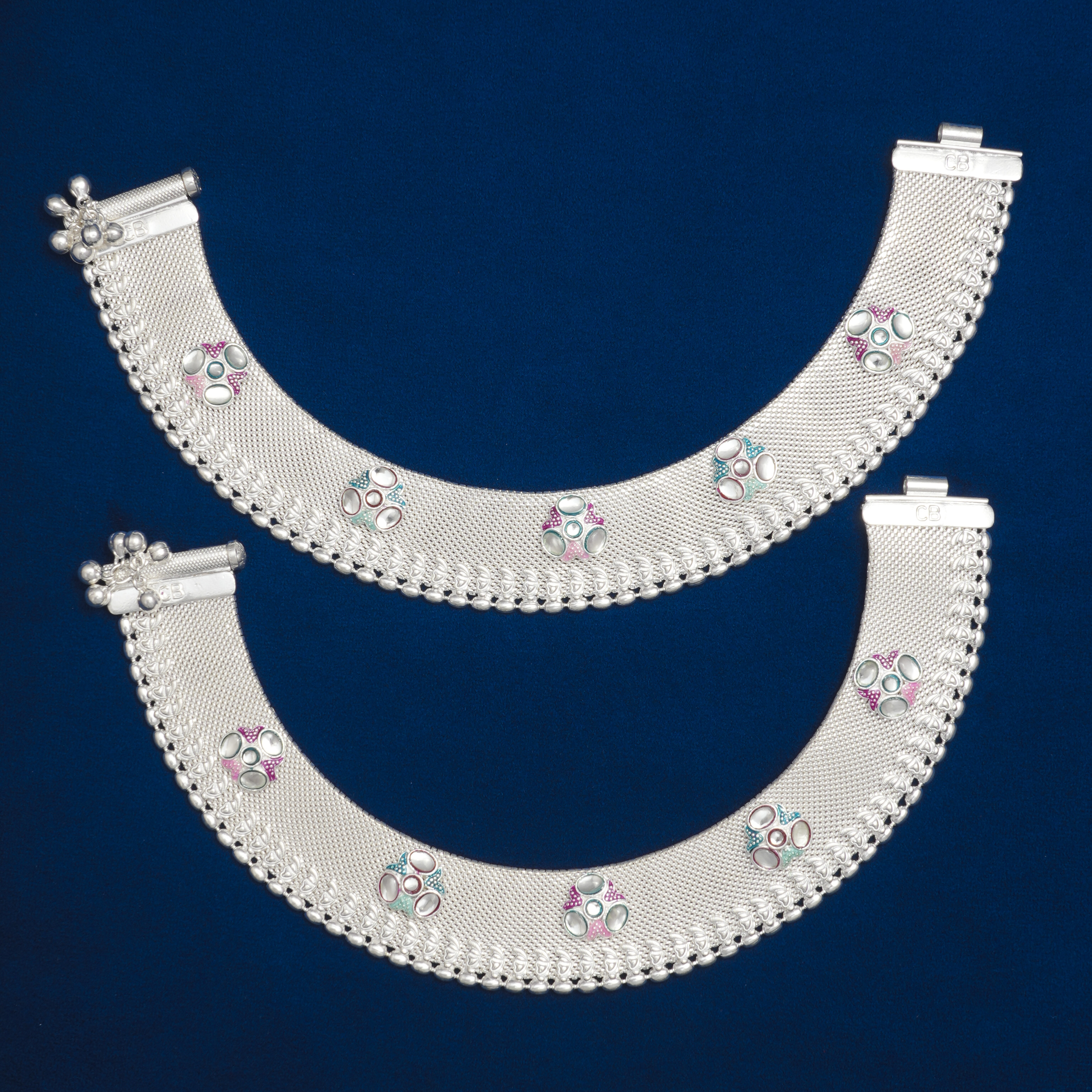 ROYAL SILVER DULHAN PAYAL WITH MULTICOLOR ENAMEL AND GHUNGHROO DESIGN