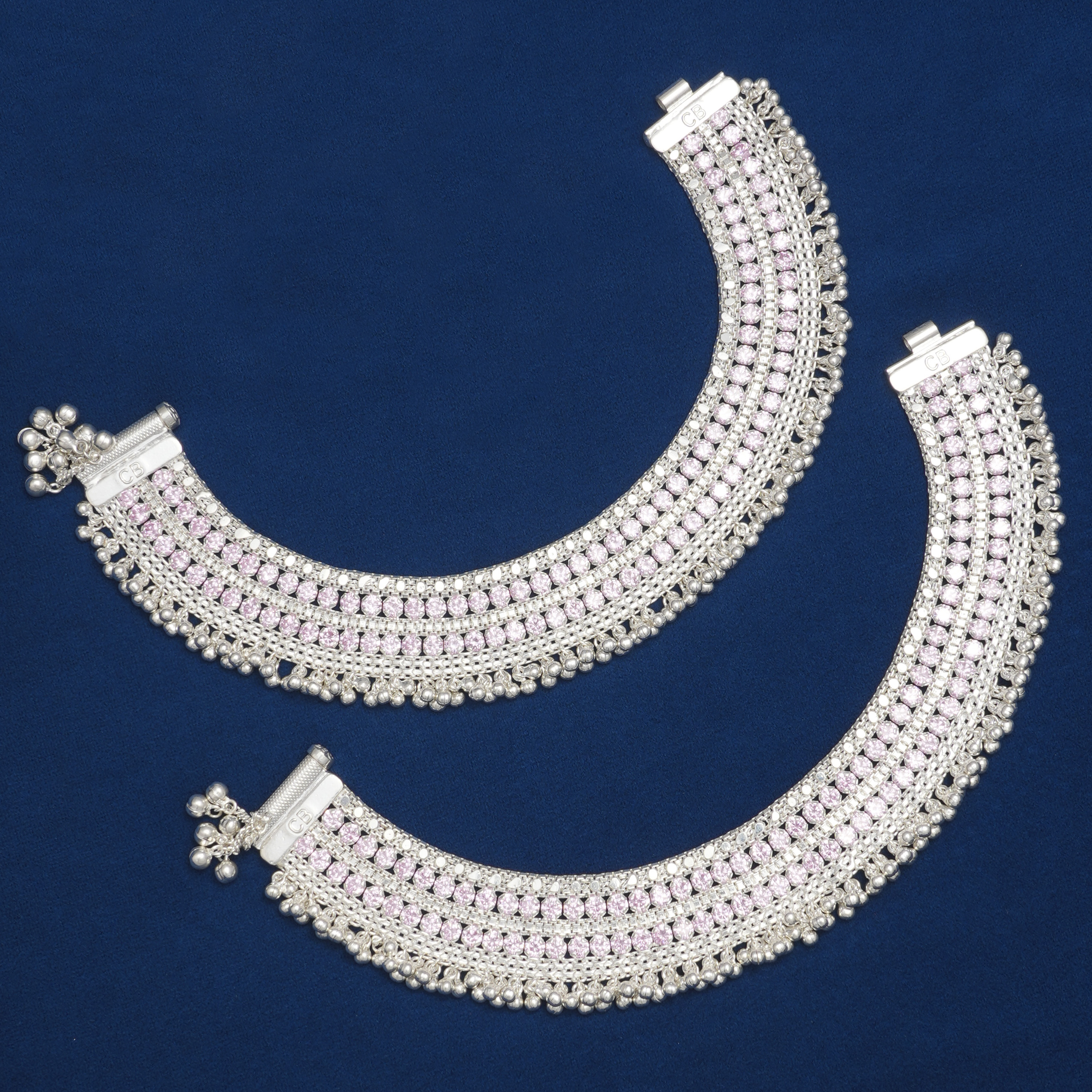 ELEGANT SILVER DULHAN PAYAL WITH LIGHT PINK STONE AND GHUNGHROO BORDER