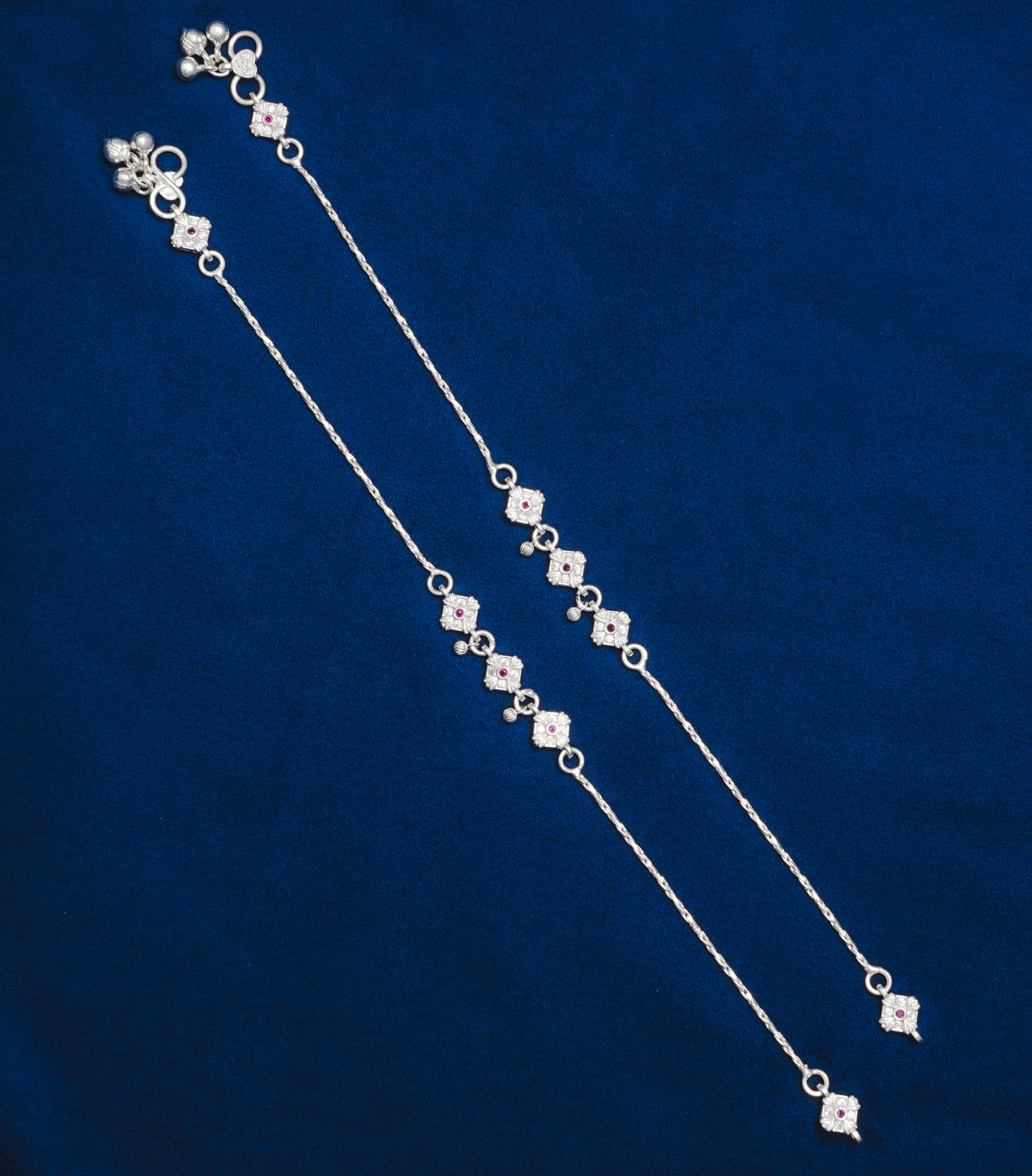 ELEGANT SILVER ANKLETS WITH PINK STONE AND FLORAL MOTIF DESIGN