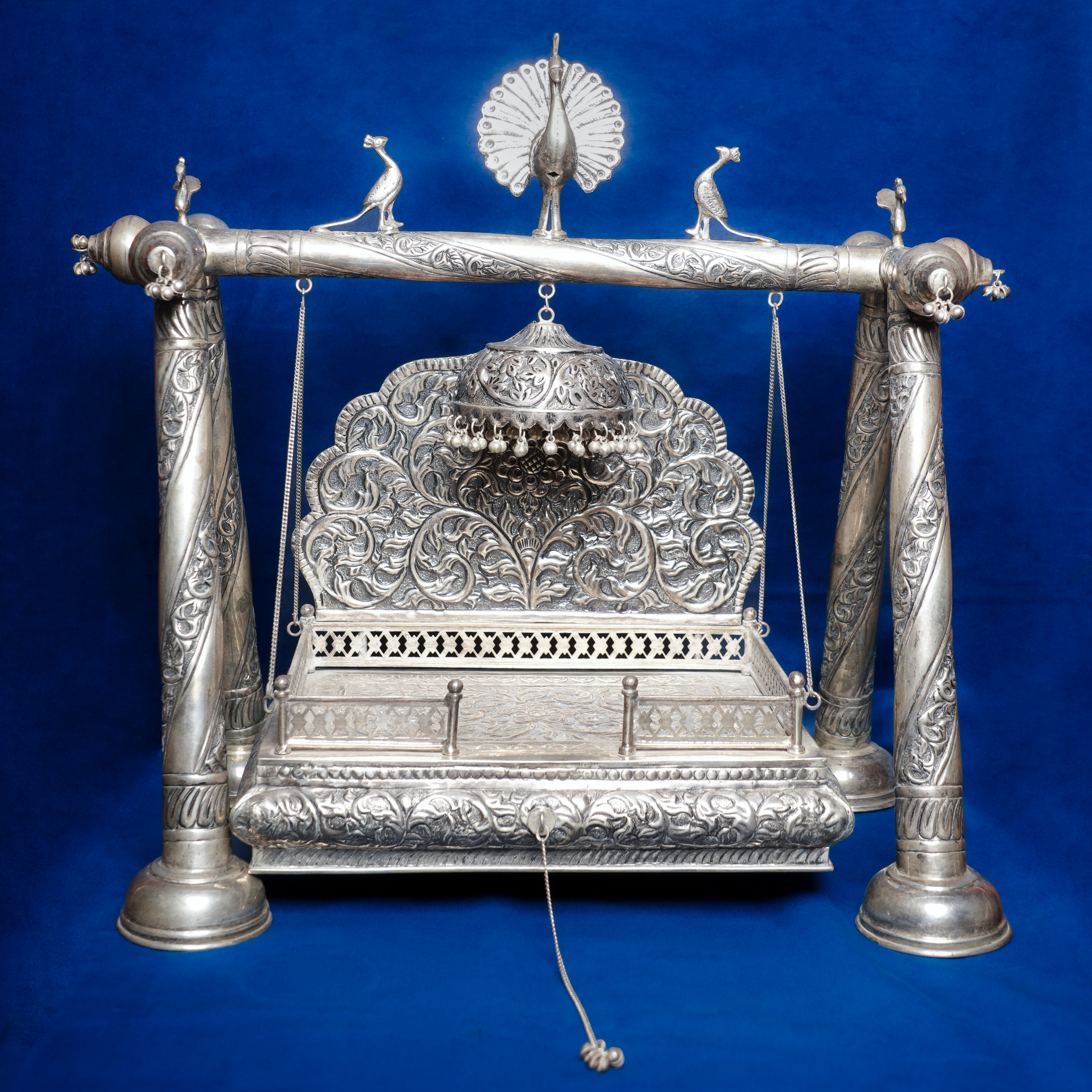 REGAL HANDCRAFTED PURE SILVER JHULA (SWING) WITH PEACOCK & FLORAL ENGRAVING